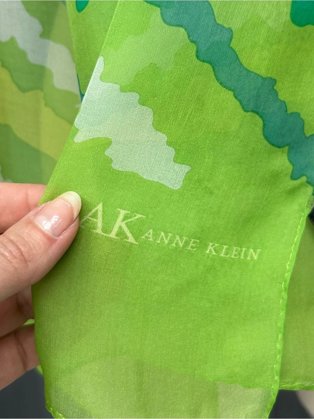 Anne Klein Green Multi-Tone Patterned Scarf Silk Sheer Skinny Scarf